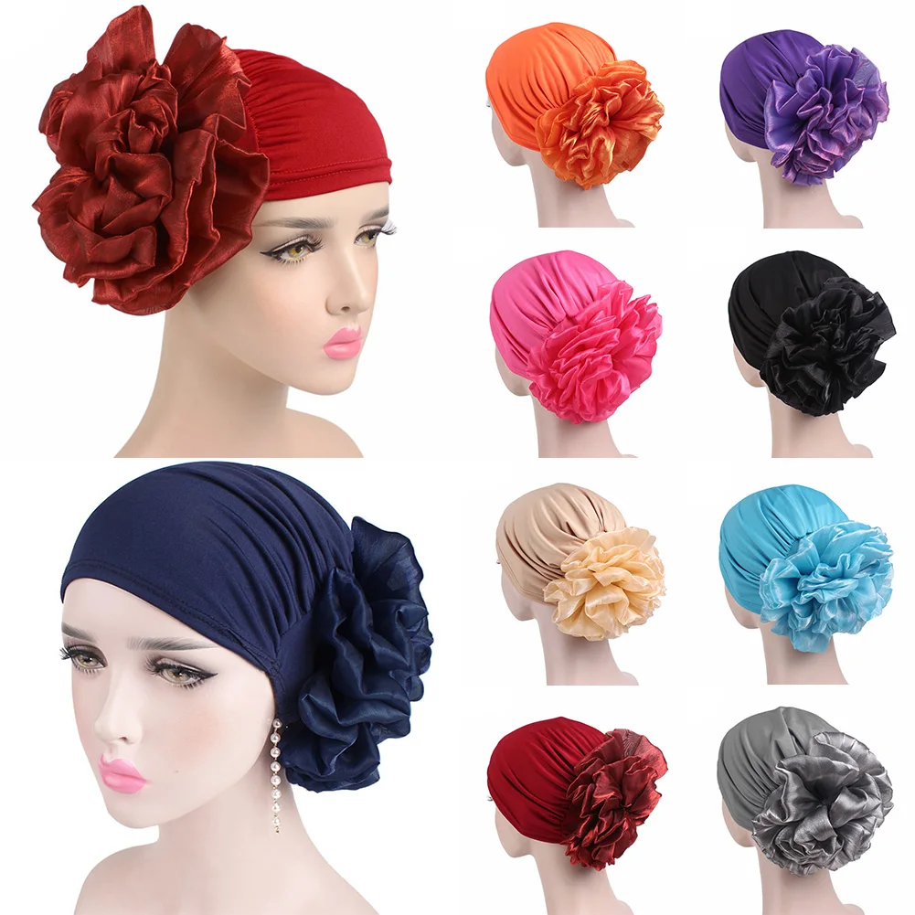 

2020 New Woman Big Flower Headband Silk Turban Hat Bandanas for Women Muslim India Cap Ladies Chemo Head Wrap Hair Accessories