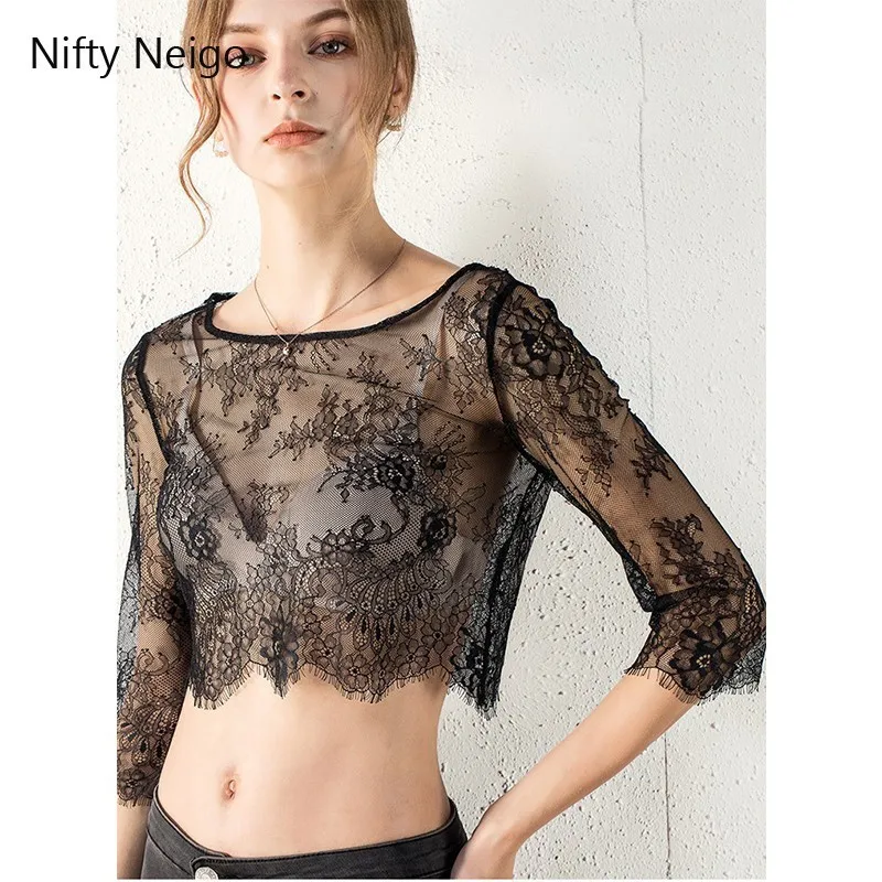 Nifty Neigo Harajuku женские футболки с кружевной сеткой прозрачные короткие летняя