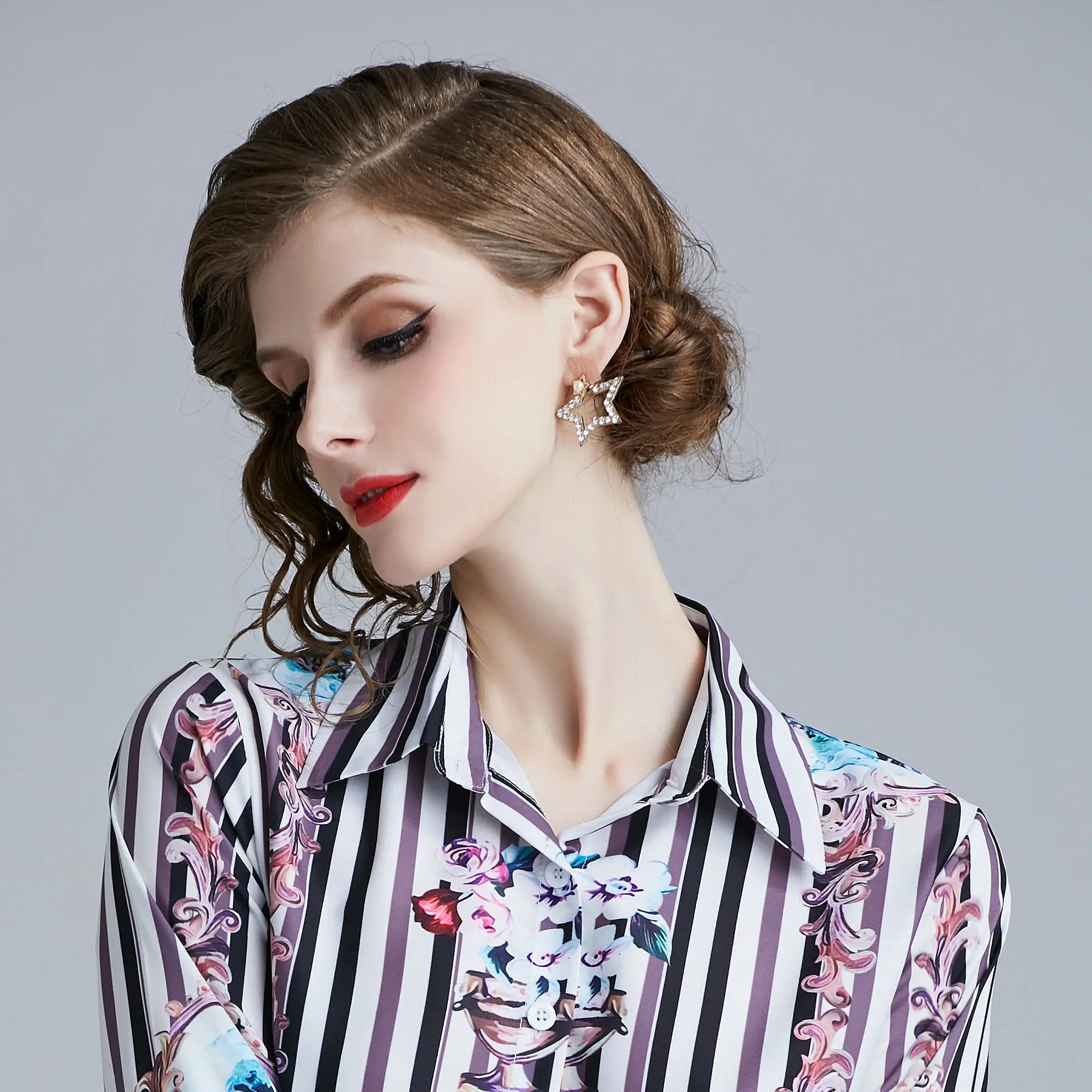 Fashion Women Shirts Print Full Sleeve Slim Turn-down Collar Blouse Shirt Pink 3148 |