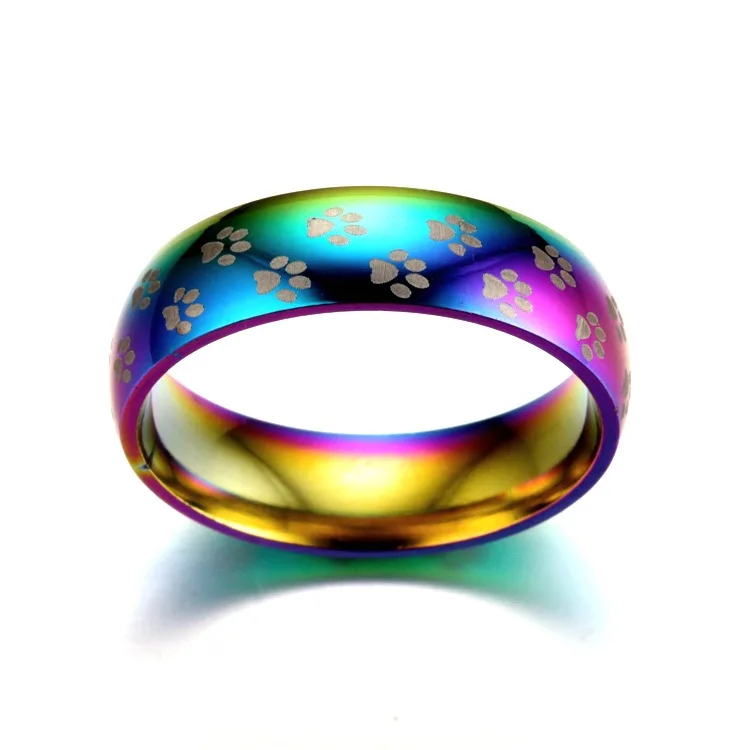 Fashion Stainless Steel Colorful Rainbow Cute Paw Printing Wedding Ring Women Men Jewelry | Украшения и аксессуары