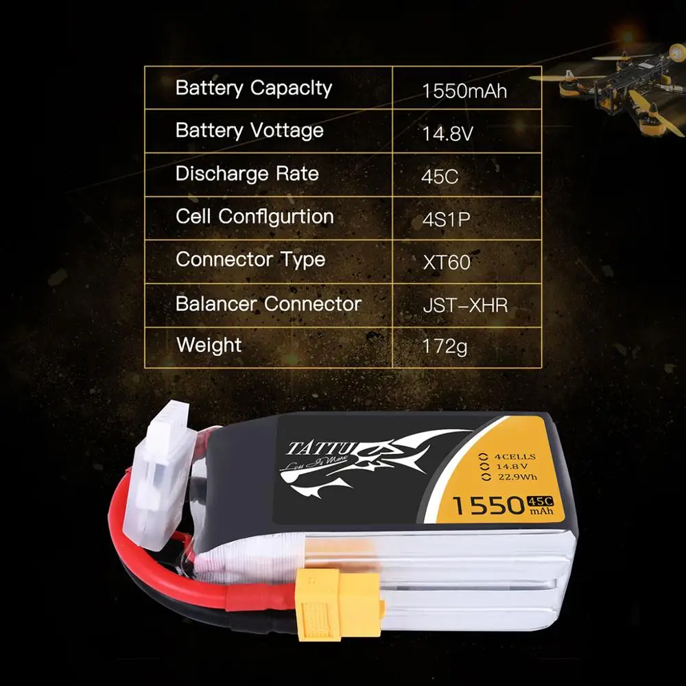 Литий полимерный аккумулятор Tattu 1550mAh Lipo 14 8 V XT60 Plug 45C Max 90C RC battery для FPV Drone Quadcopter Car