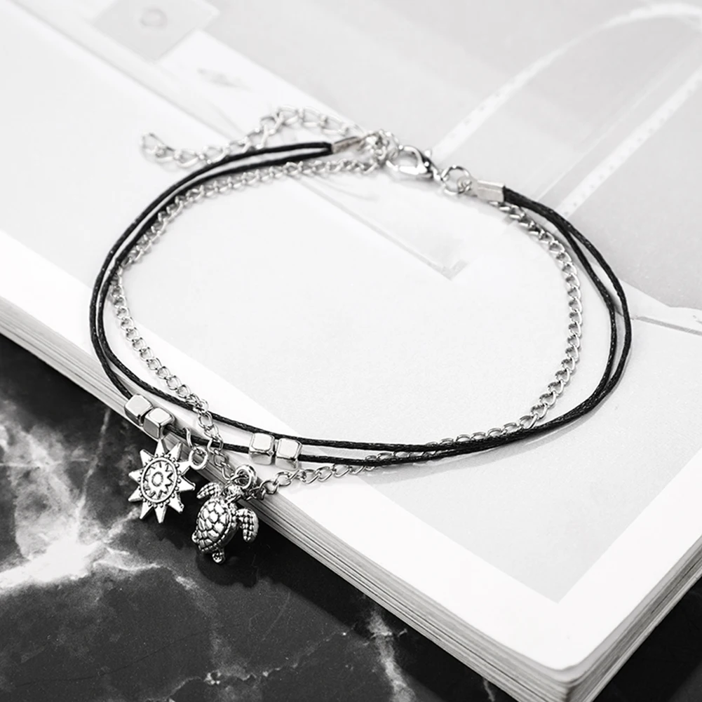 New Three Layers Geometric Sun Turtle Pendant Alloy Rope Anklet Bracelet Female Girls Accessory b | Украшения и аксессуары