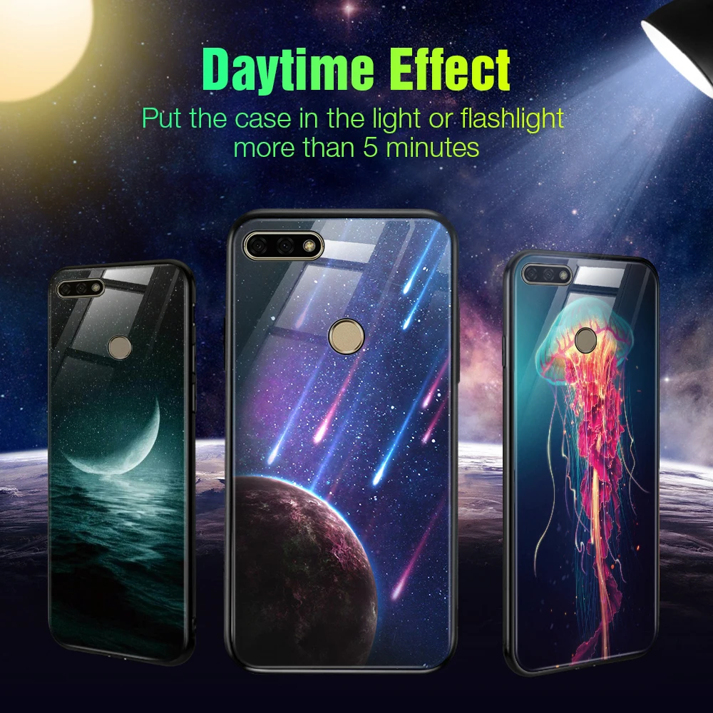Hisomone Luminous Cover Case For Huawei Honor 7C 7A Luxury Glass Silicone Phone Pro Animal Space Back |