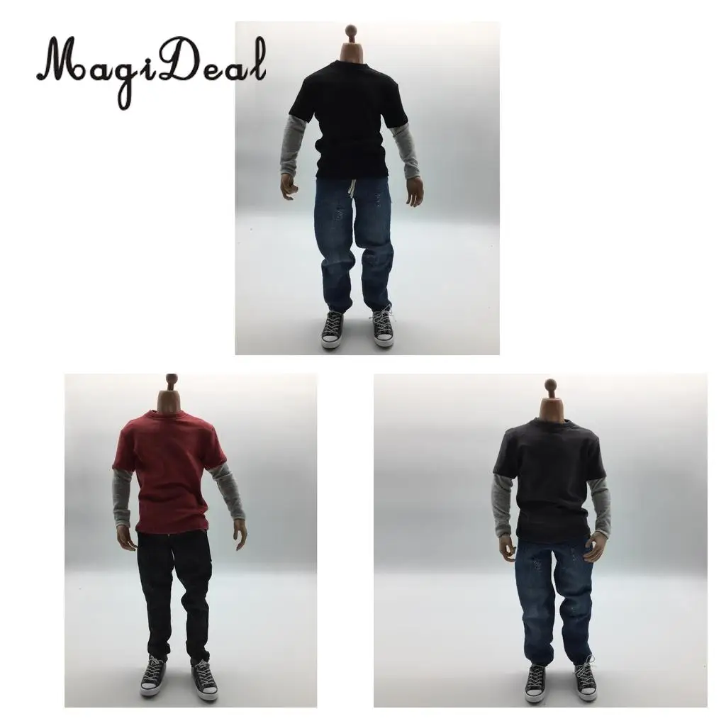 MagiDeal Cloth 1/6 Scale мужская одежда темно серая длинная футболка джинсы парусиновая