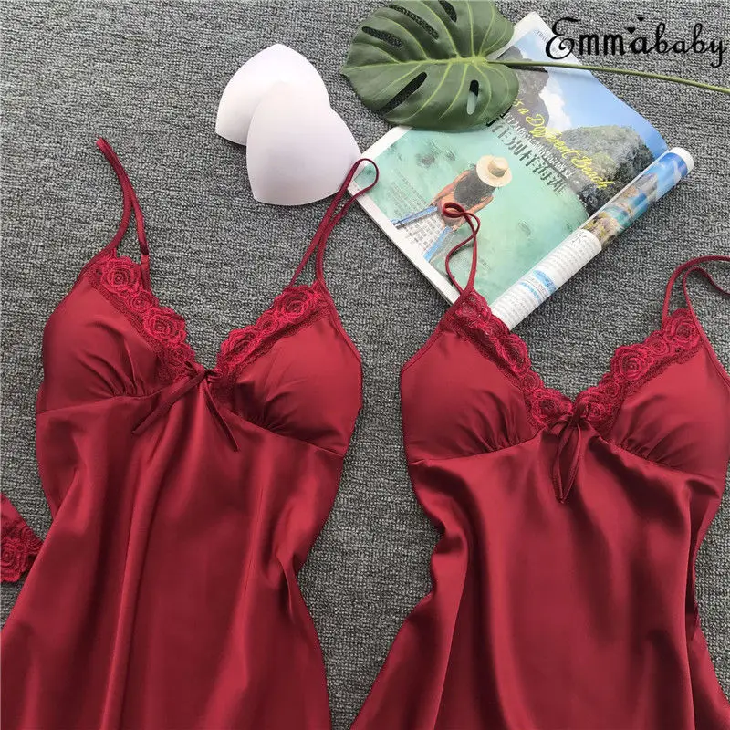 

Summer Sexy Ladies Satin Sleepwear With Chest Pads Pajamas Set Lace Silk Sleep Robe Gown Sets