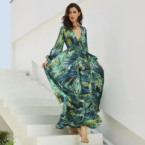 2019 Women Boho V-neck Prentde Long Dress Seaxy Cocktail Party Summer Beach Sundress | Женская одежда