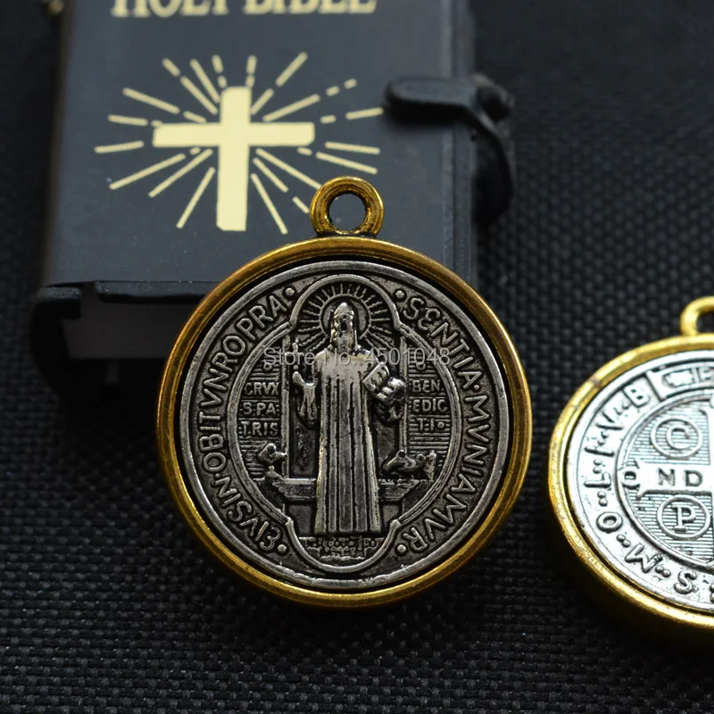 Catholic st. benedict Saint metal pendant sanctia patris bless protect exorcism golden border Antique Silver doublesides medal | Украшения