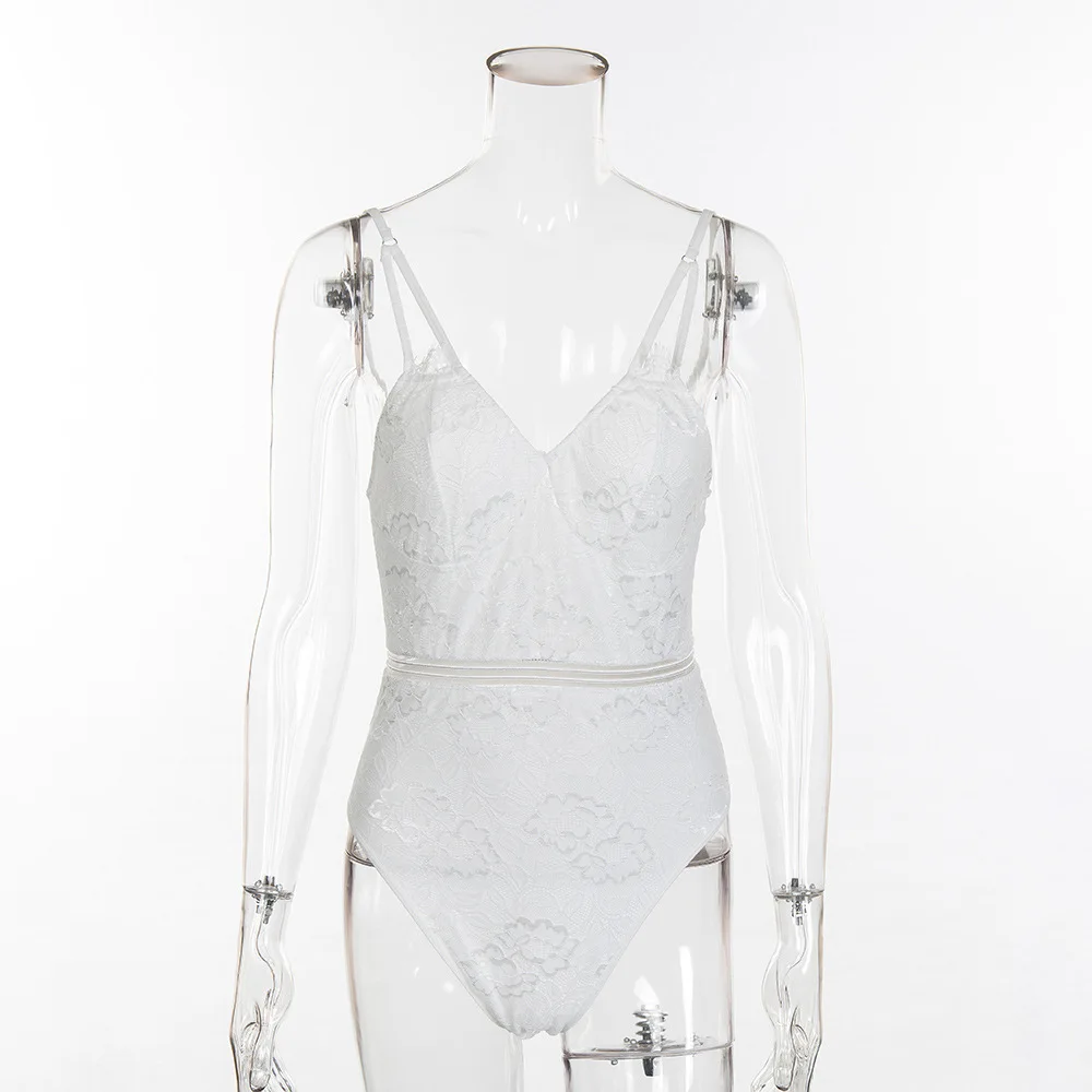 Женское Кружевное боди с V образным вырезом черно белое однотонное открытой