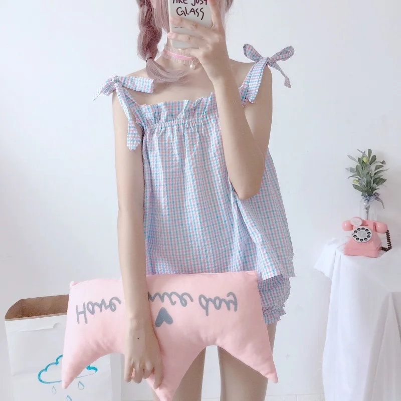 Летний кавайный женский костюм из двух предметов Harajuku милый топ с ремнем+ шорты домашний женский пижамный комплект