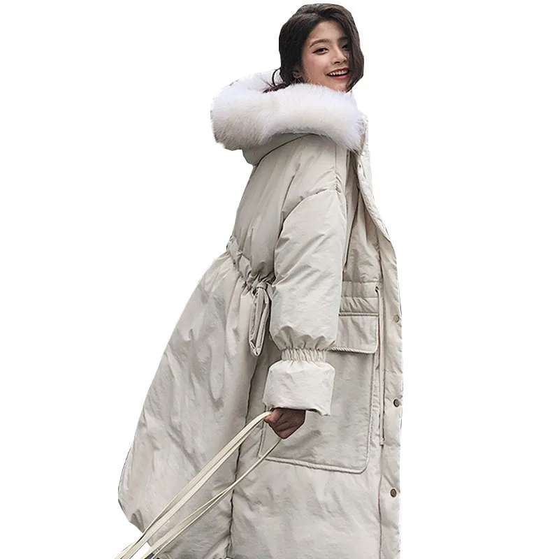 Winter Jacket Coat Women 2018 Plus Size Large Fur Collar Over The Knee Long Down Cotton Jacket Loose Drawstring Padded Parka 117