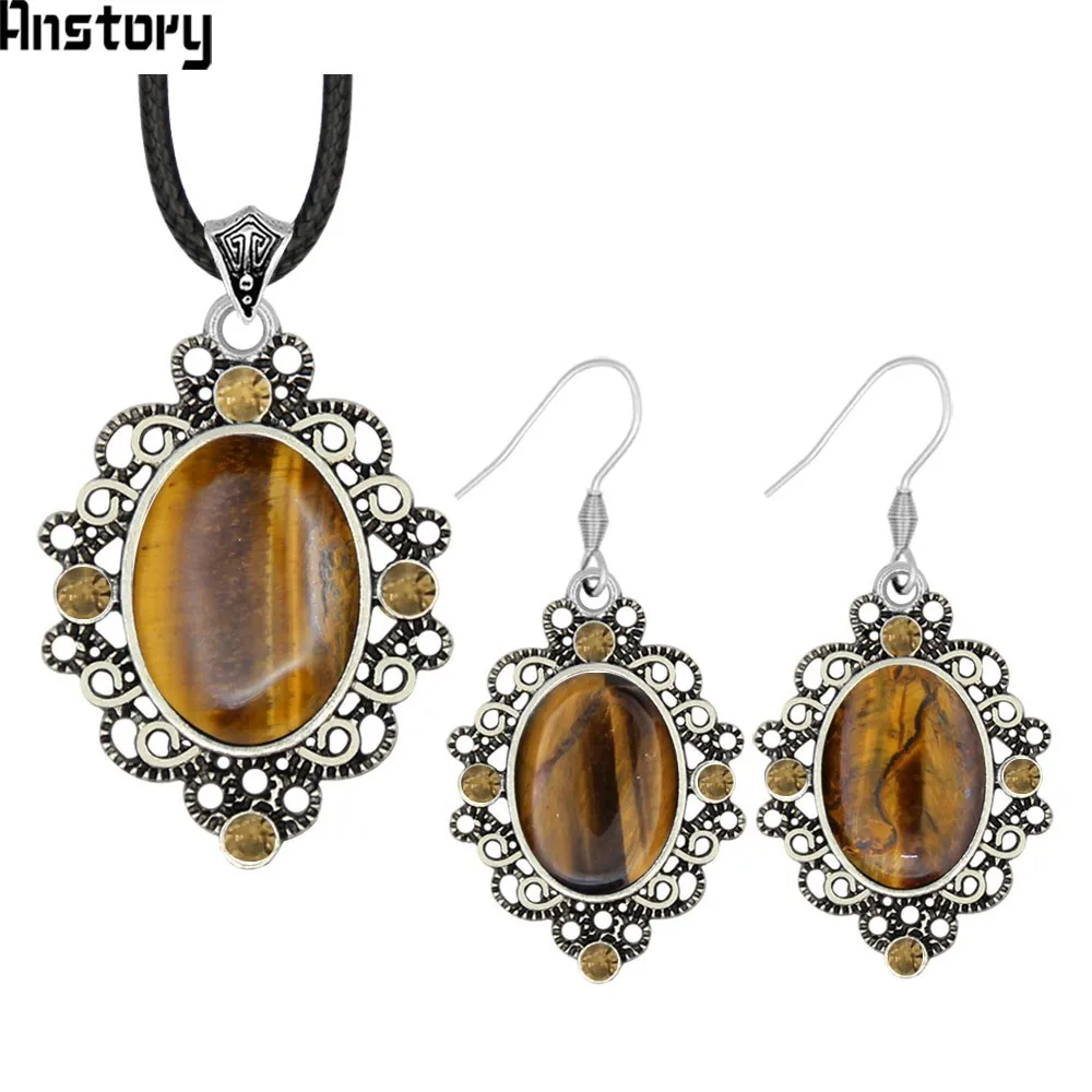Tiger Eyes Natural Stone Crystal Necklace Earrings Jewelry Sets Vintage Look Antique Silver Plated Fashion TS464|Ювелирные наборы| |