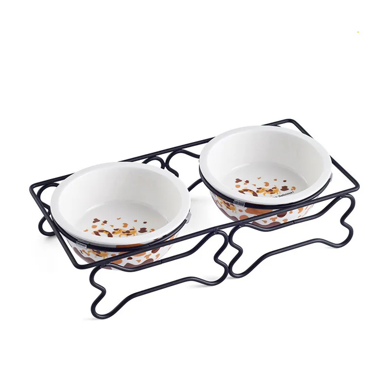 

New Fashion Dog Feeders Bowl Ceramic and Stainless Steel Double Mouth Dog Bowl High Grade Antiskid Pet Supplies Accessories