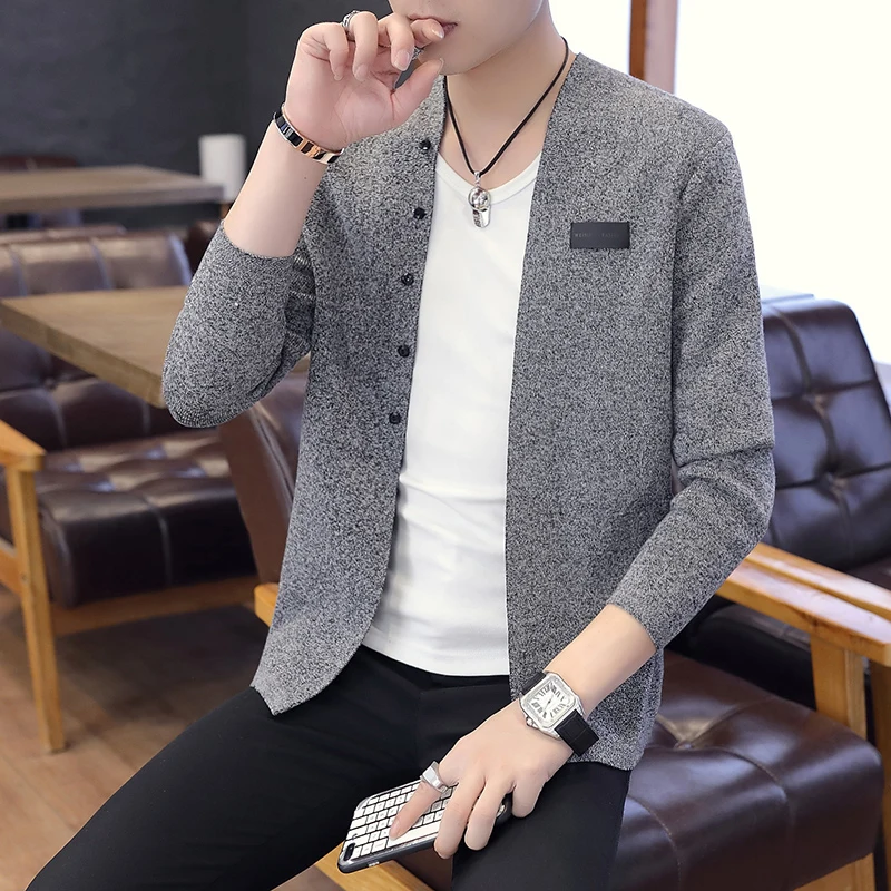 2019 New Autumn Fashion Men's Business Casual Long Sleeve Slim Solid Color Thin Knitted Cardigan Jacket Gray Khaki Black 3xl |