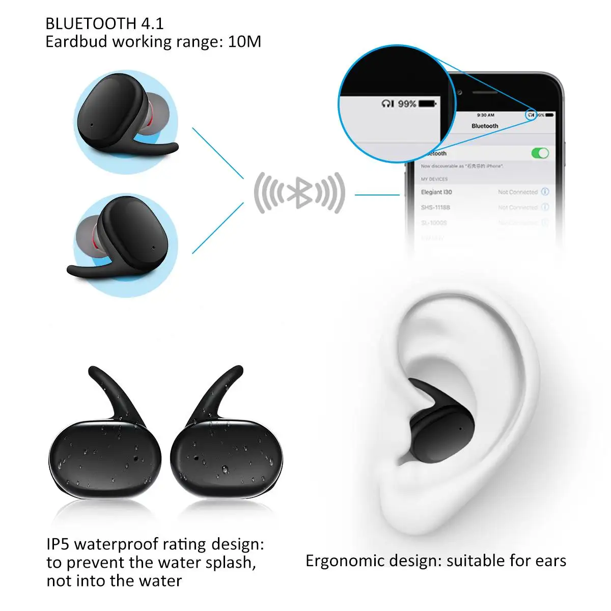 ELEGIANT S9100 Беспроводной Bluetooth наушники-вкладыши TWS с вкладыши наушники с микрофоном Портативный док-станция для зарядки для Iphone для huawei
