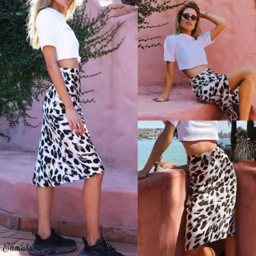 Women's Leopard Knee Length Skirt Elastic High Waist Beach Cocktail Dress | Женская одежда