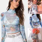 Лидер продаж 2019, Весенняя женская прозрачная Сетчатая футболка в стиле Харадзюку С Рисунком ангела, женские топы