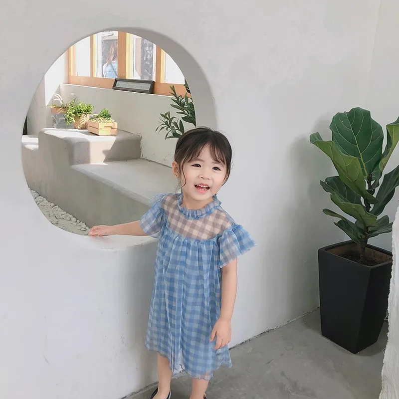 Tulle Dresses For Toddler Girls Ruffles Collar Baby Girl Dress Clothes Summer 2019 A Line Blue White Plaid Children Clothing | Детская
