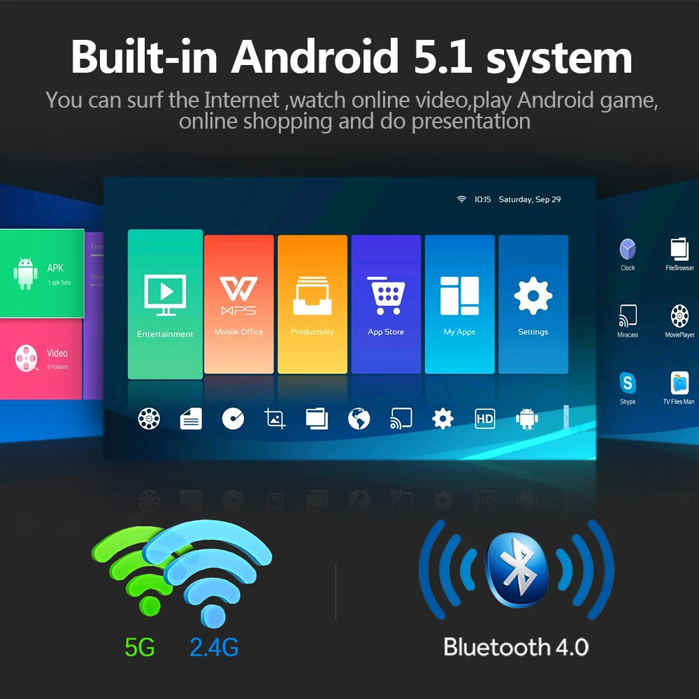 Умный проектор AUN H1 Встроенный Android Wi Fi Bluetooth. Поддержка флэш памяти USB разрешения