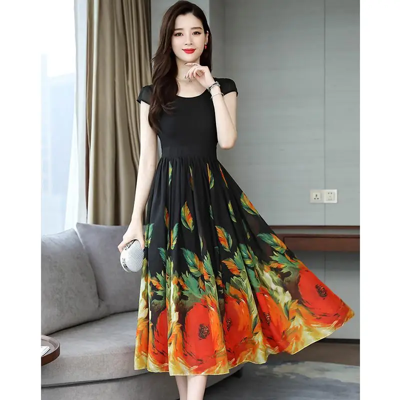 

MISSKY Women Summer Dress Short Sleeve Round Collar Casual Big Hem Dress Fashion Print A-line Beach Dress Female Clothes
