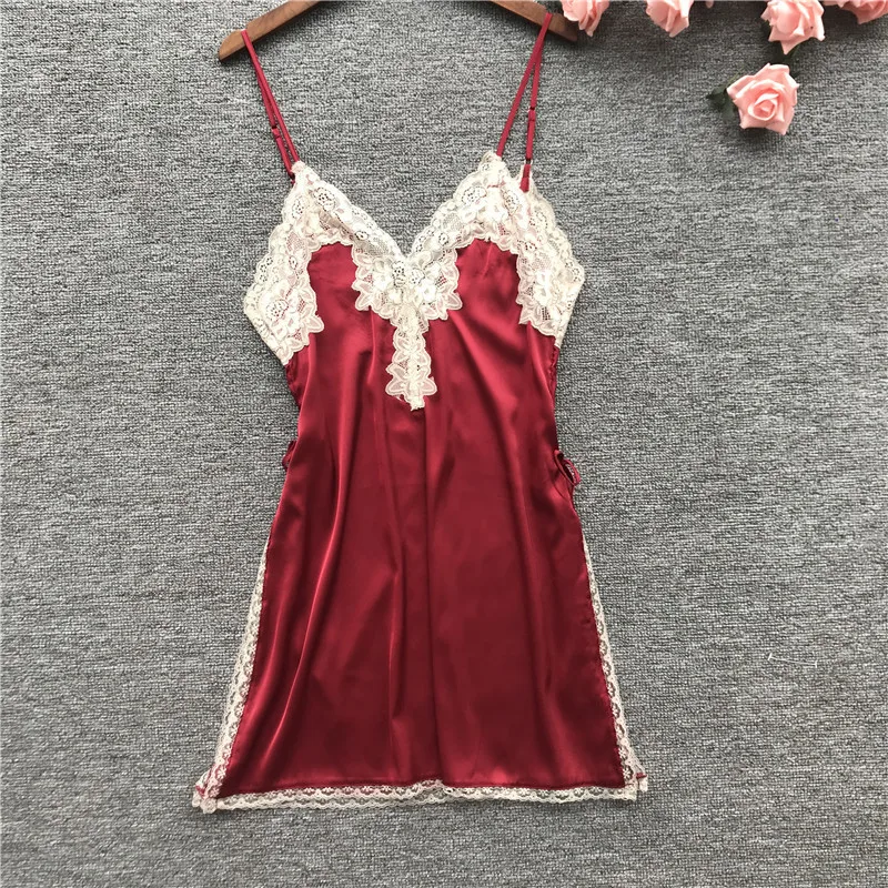 

2019 Summer Women Nightgowns Sleepshirts Nightshirts Silk Sleepwear Satin Sexy Spaghetti Strap Nightdress Lace Nightwear