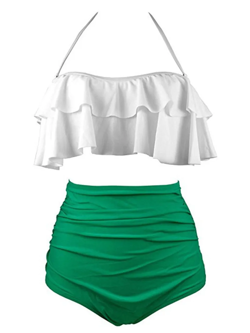 Женский купальный костюм из двух предметов с оборками бюстгальтер лямкой на шее +