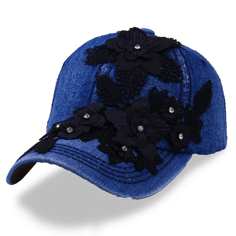 2019 New Women Baseball Cap Handmade Flower Denim Female Snapback Cap Gorras Casquette Adjustable Quality Sun Dad Caps