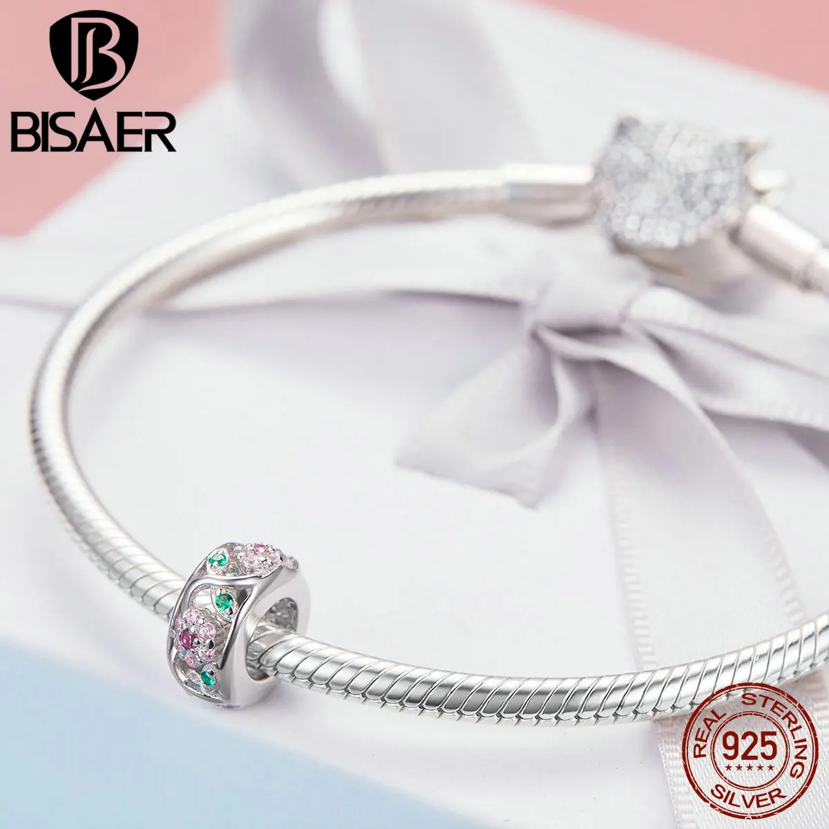 BISAER Подвески Серебро 925 оригинальный Круглый Форма CZ бусины для браслетов и