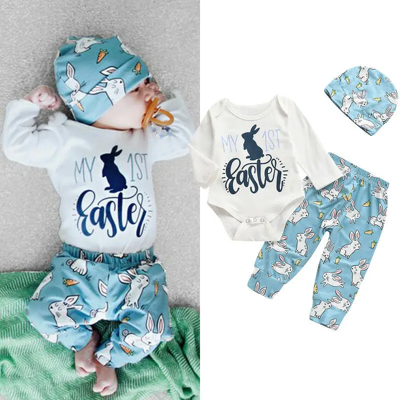My 1st Пасха Одежда для новорожденных мальчиков и девочек 3 шт. кролик с буквенным