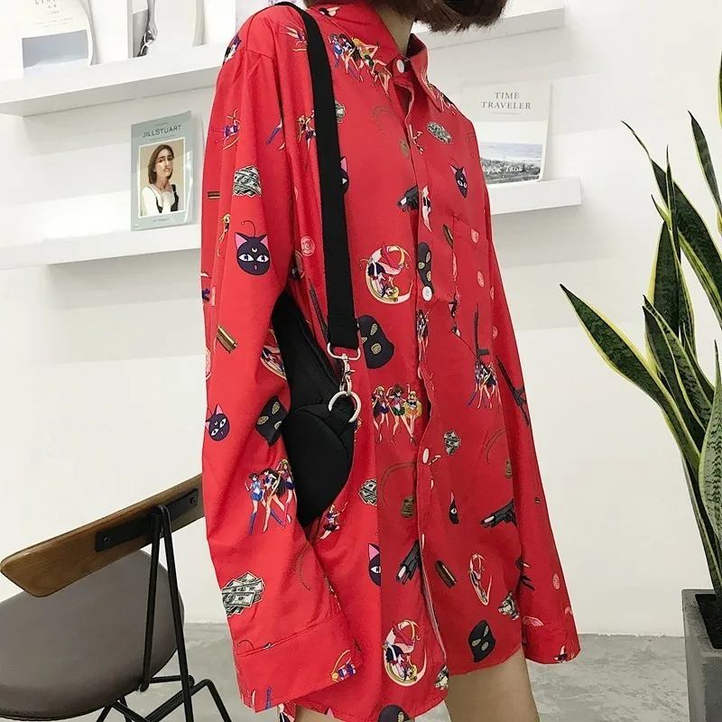 Harajuku унисекс с аниме Принтом Свободного Покроя длинными рукавами рубашки для