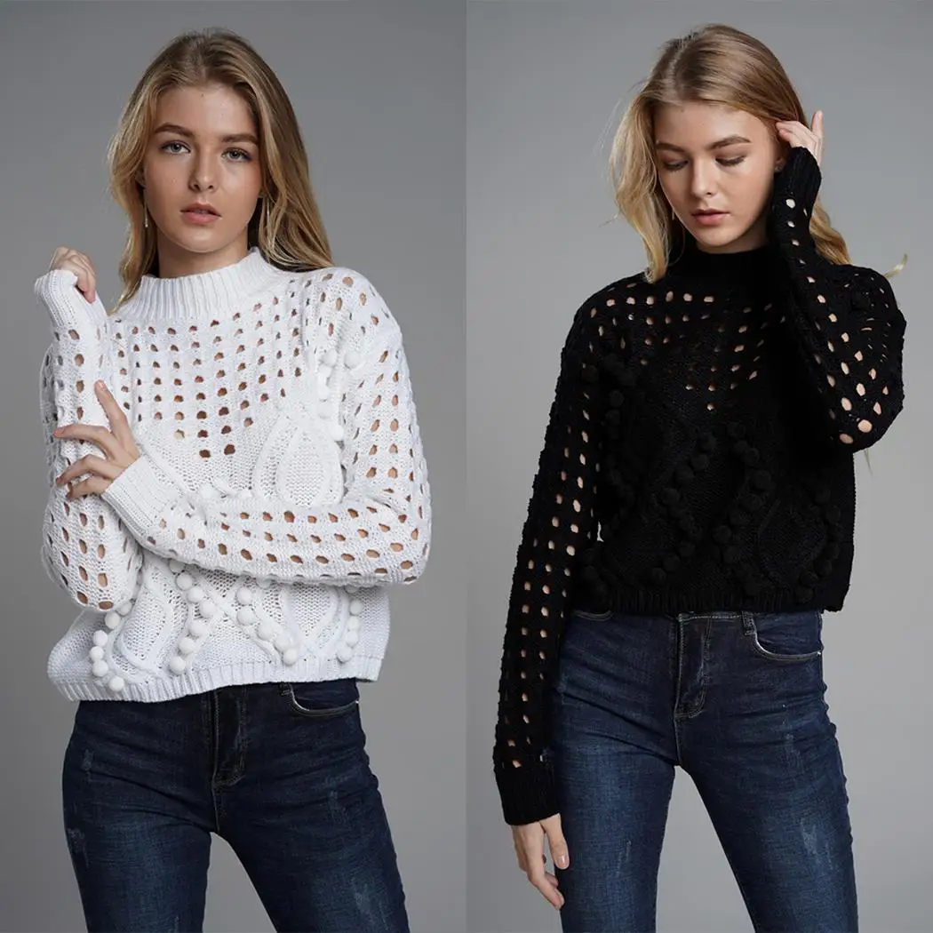 Women Casual Turtleneck Long Sleeve Solid Loose Hollow Autumn Winter Black White Pullover Sweater | Женская одежда