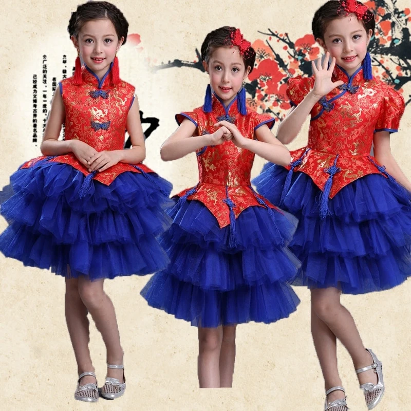 Детские костюмы, Красивое атласное китайское свадебное платье Cheongsam для девочек, китайское платье для танцев guzheng Erhu, красное платье-пачка Qipao