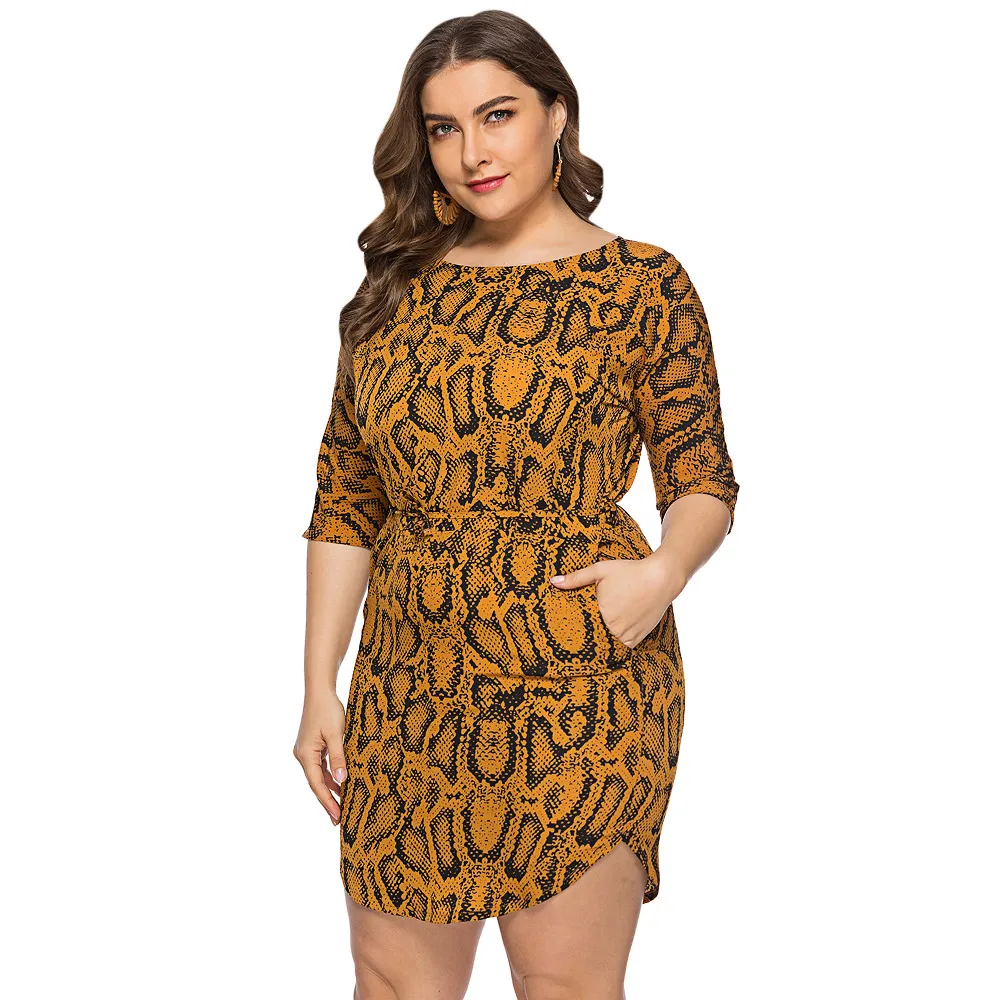 Kenancy Women Plus Size Dress Snake Print Sexy Bodycon Mini Dresses Summer O-Neck 3/4 Length Sleeves Pocket Irregular | Женская одежда