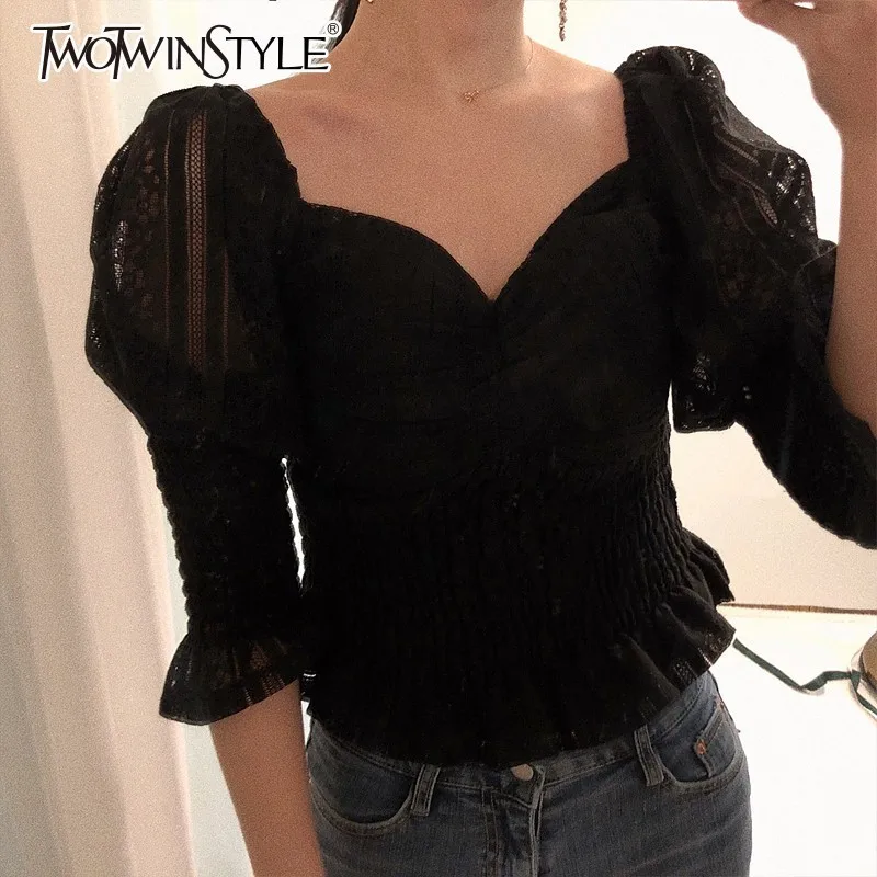 TWOTWINSTYLE 2019 весенние винтажные кроп Топы женские Нерегулярные Воротник с пышными
