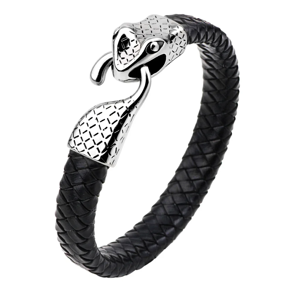 2019 New Bracelet Personality Fashion Stainless Steel Snake Head Leather Woven Men's Trend | Украшения и аксессуары