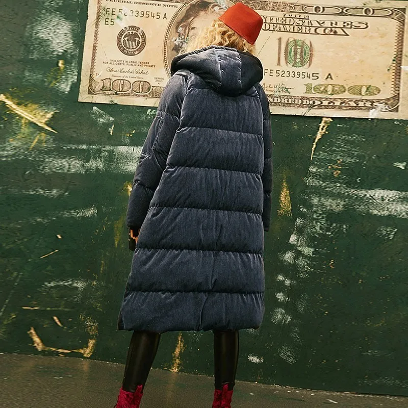 Winter Corduroy Hooded Down Jacket Women 2018 New Long Paragraph Over The Knee Thickening Loose Thin Feather Coat Female HJ90
