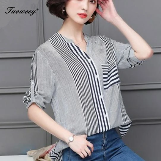 

Korean Fashion Clothing spring office OL Vintage button V-neck Womens Tops and Blouses loose Mesh Ladies Top blusas Shirt