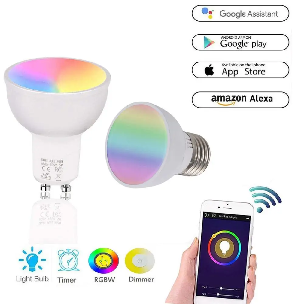 5 Вт RGBW Wifi умные светодиодные лампочки GU10 GU5.3 E27 приложение переключатель