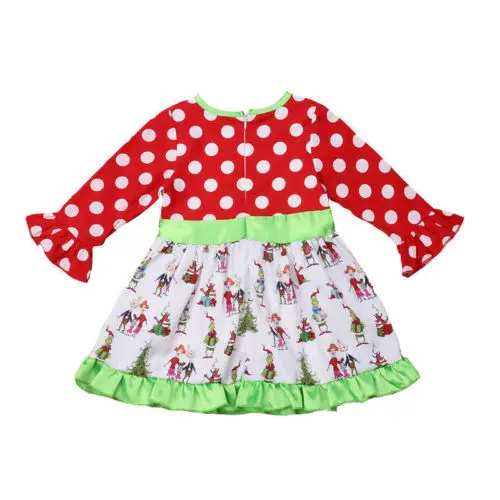 New Christmas Toddler Kids Baby Girl Long Sleeve Dot Xmas Cartoon Pattern Patchwork Flare Princess Party Dress Outfit | Детская одежда