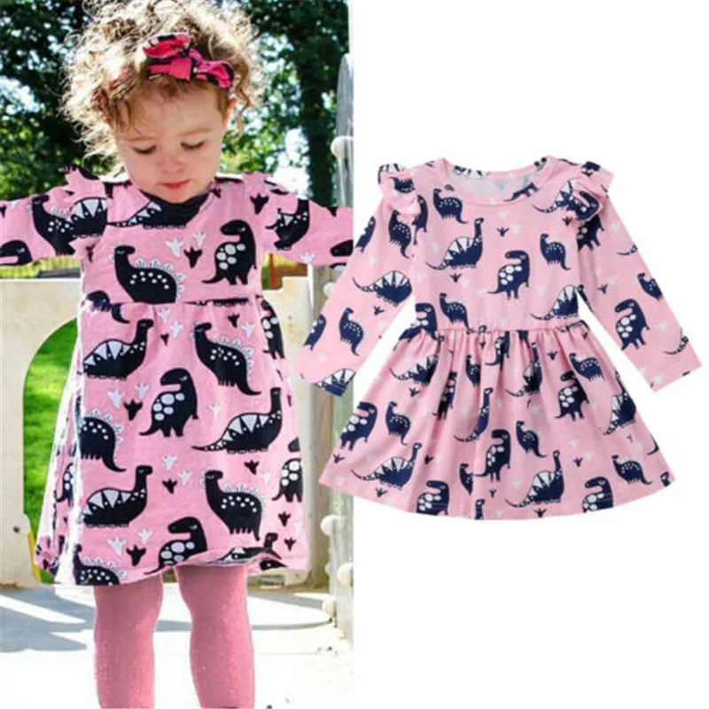 2-6 Years Baby Girls Dress Long Sleeve Pink Cute Animal Dinosaur Party Princess Dresses For Clothes | Детская одежда и обувь