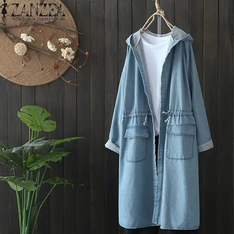 2021 Oversized ZANZEA Spring Fashion Women Casual Solid Hooded Long Sleeve Denim Blue Party Cardigan Jackets Outwear Coat | Женская
