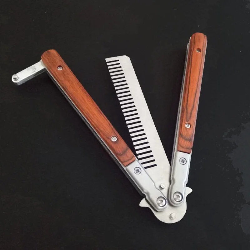 Stainless Steel Butterfly Folding Comb Knife Salon Barber Practice Training Wooden Handle Wide Tooth Metal Hair Brush Combs | Красота и