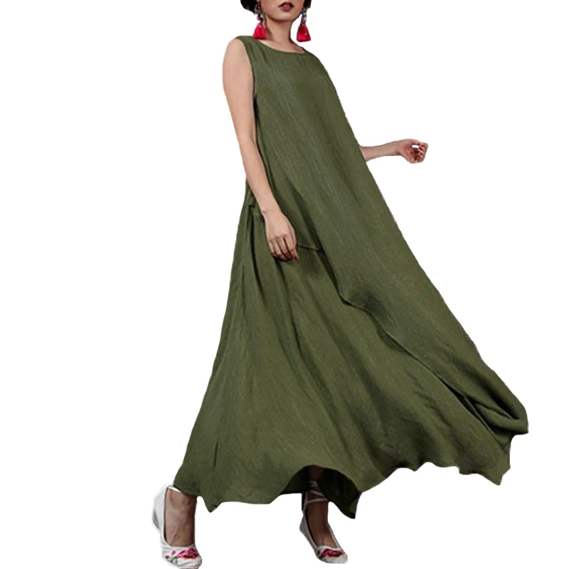 Винтажные женские длинное летнее платье 2019 без рукавов с круглым вырезом Макси
