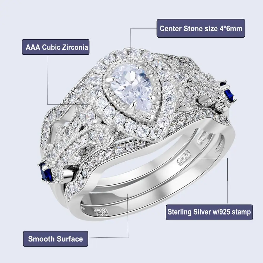 

Newshe 3 Pcs 925 Sterling Silver Wedding Rings For Women Pear Cut AAA CZ Blue Side Stone Trendy Jewelry Engagement Ring Set
