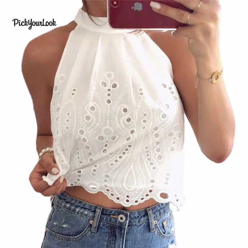 PickYourLook женский кружевной Топик с вырезами топ без рукавов Повседневная модная