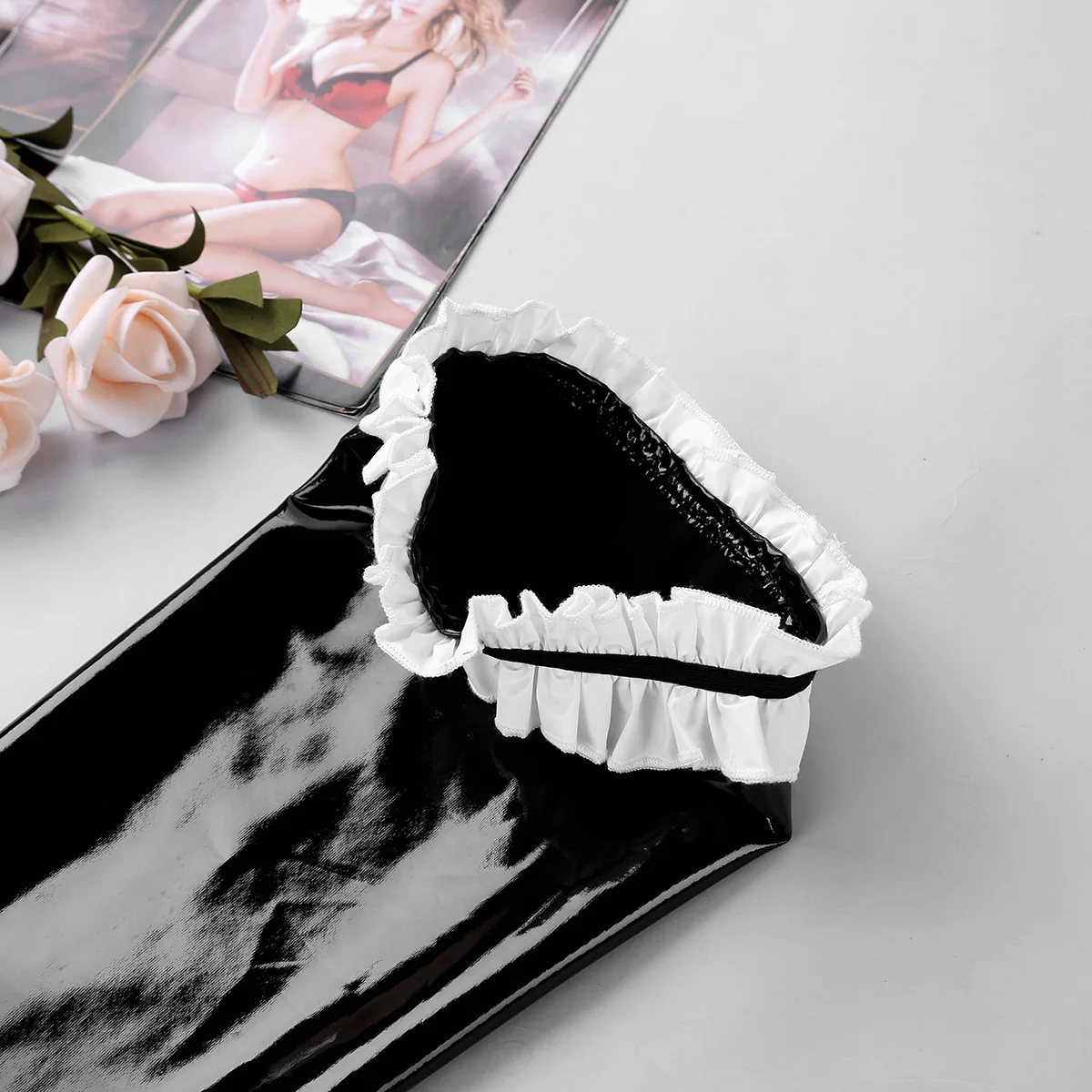 FEESHOW женские латексные чулки сексуальное женское черное нижнее белье из