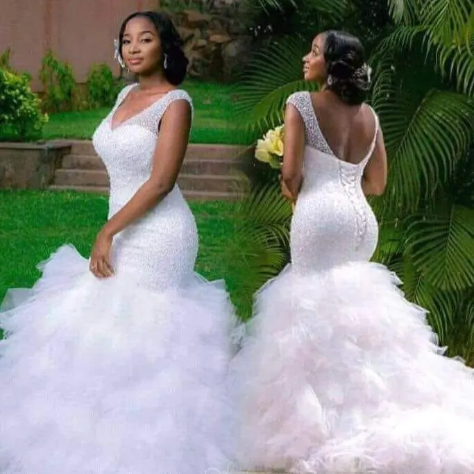

2019 New African Full Beading Sexy Illusion Mermaid Wedding Dress Wedding Gowns