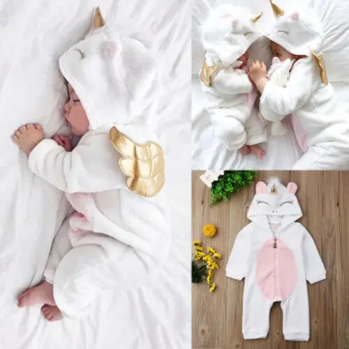 Костюм с капюшоном 3D крыльями фланелевый Единорог для новорожденных девочек