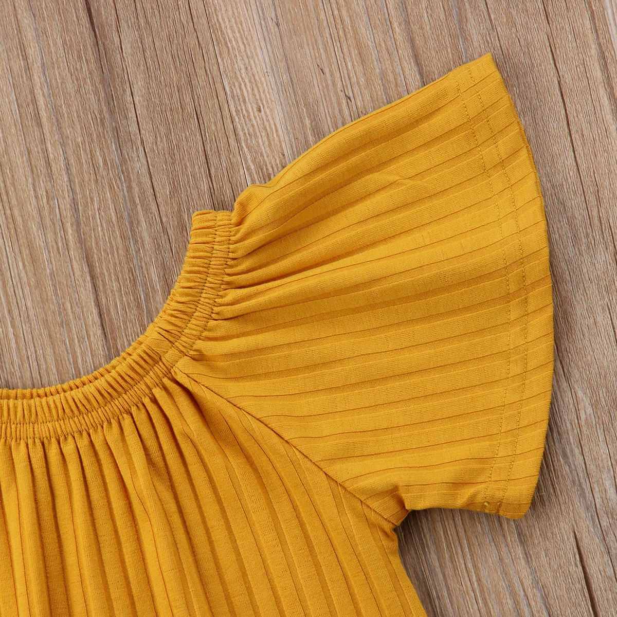 Emmanbaby Toddler Kids Baby Girls Yellow Knitted Dress Off-shoulder Short Sleeve Sundress Long 1-6Y | Детская одежда и обувь