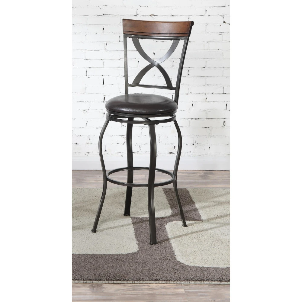 Modish Metal Solid Wood & Faux Leather Swivel Barstool Black (Set of 2) |