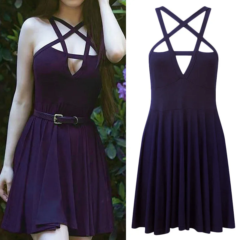 Женское тонкое мини платье 2018 сексуальное летнее черное с пентаграммой женское